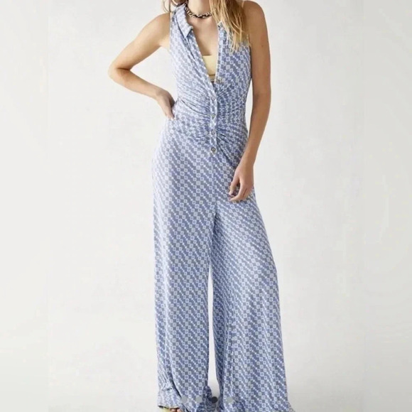 New Free People Shayla Halter Jumpsuit One Piece Wide Leg Button Down - Picture 1 of 13